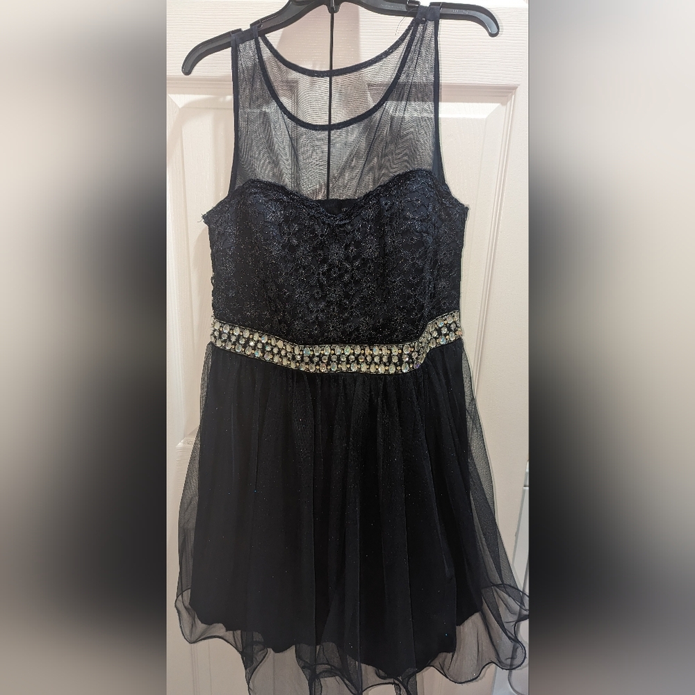 My Michelle, navy blue, sheer, wide strap, bling, layered formal dress-ladies 14